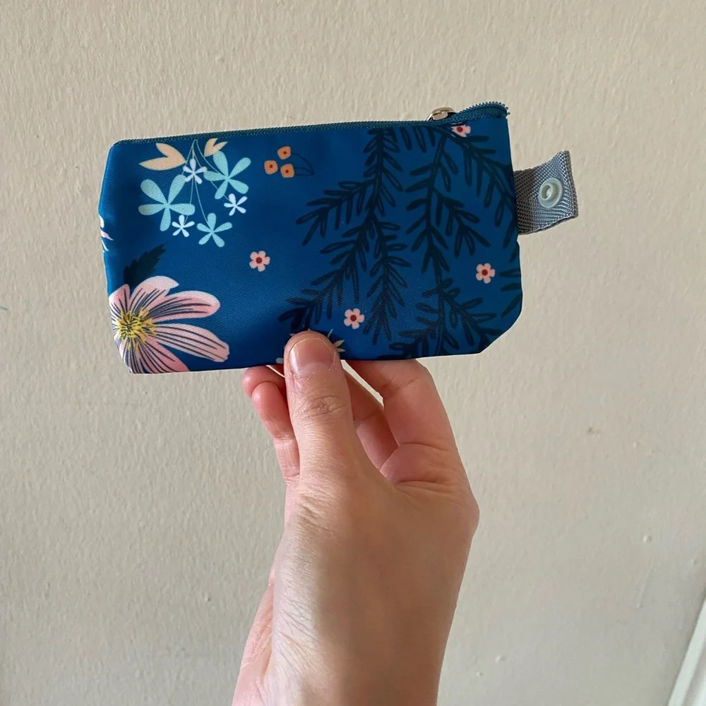 Blue and Pink Floral Print Cylinder Makeup Pouch with Drawstring